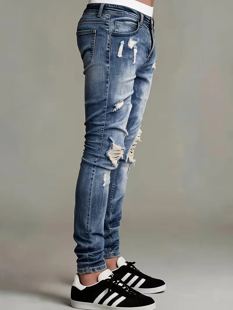 Calça Jeans Masculina Slim Fit Rasgada, Estilo Casual, Alta Elasticidade, Azul Claro Versátil, Adequada para Todas as Estações