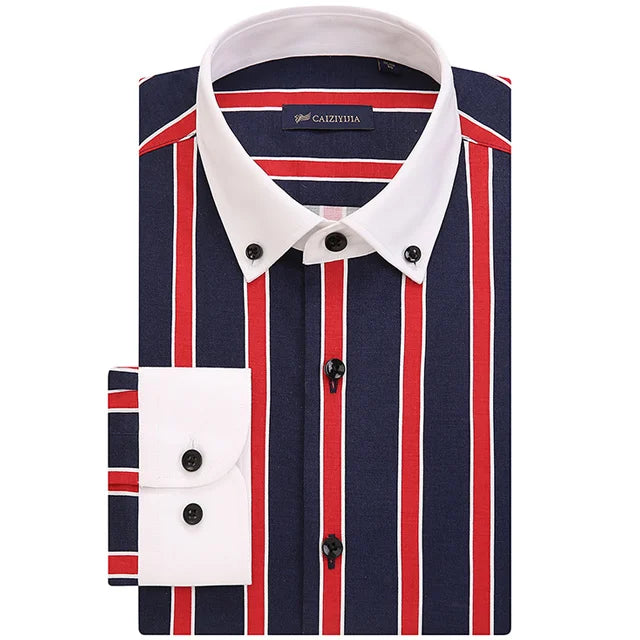 Gola de contraste masculina listrado manga longa botão para baixo vestido camisa pocketless design magro casual listrado blusa camisas de manguito branco