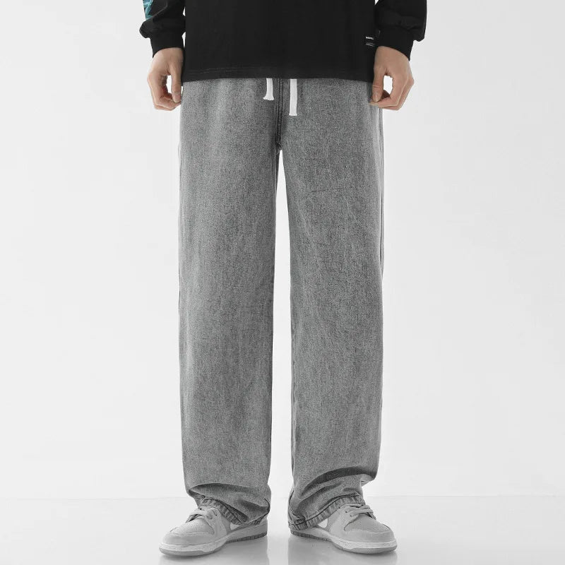 Calça Jeans Masculina de Verão, Corte Reto e Amplo (Wide Leg), Cintura Elástica, Estilo Streetwear, Tecido Leve