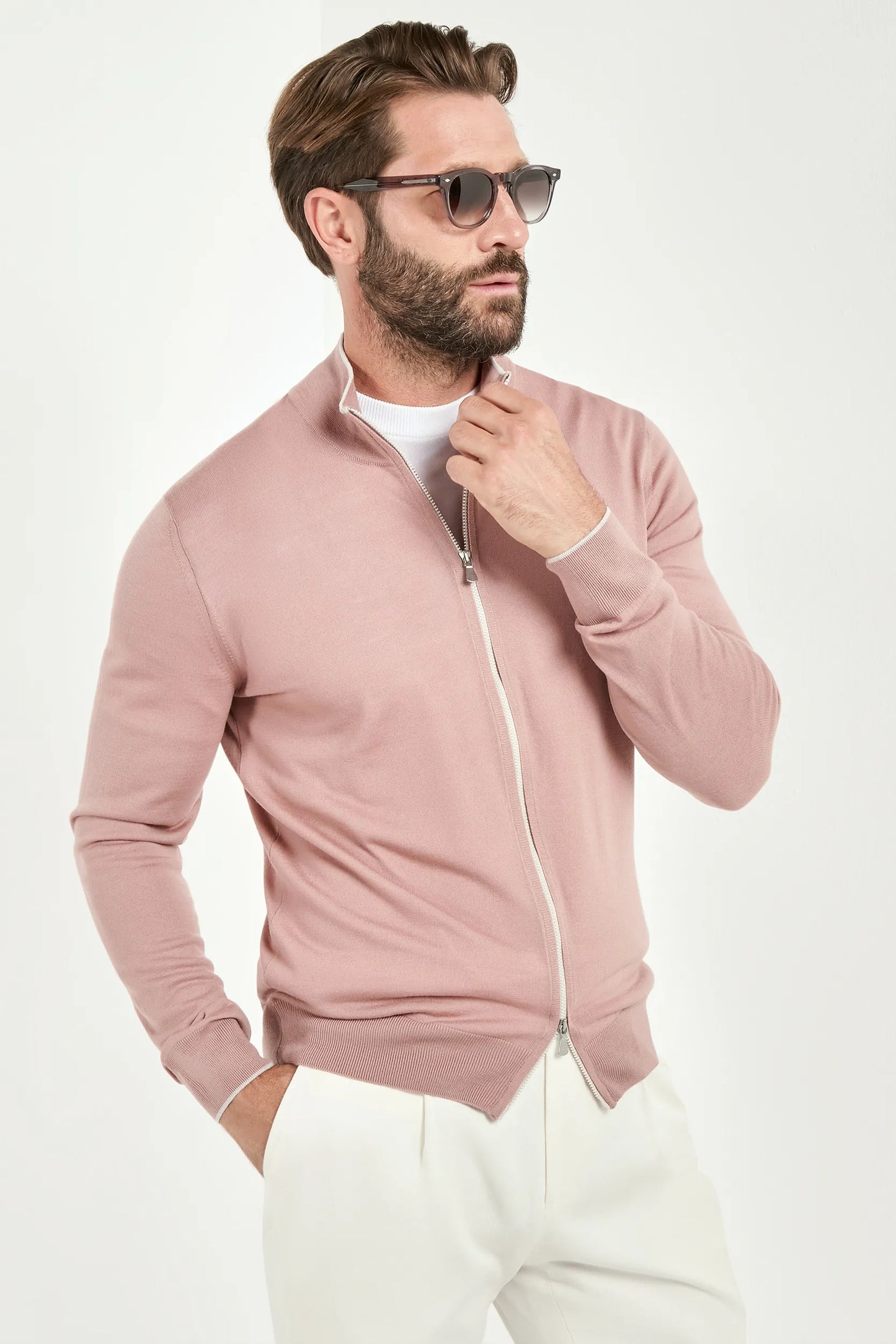Old rose Tasmanian wool full zip cardigan - Made in Italy