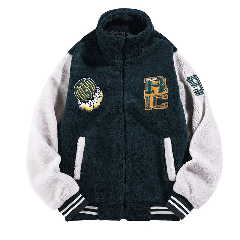 Jaqueta Varsity Masculina Preta e Branca com Patch de Letras, Zíper, Solta, de Inverno, em Fleece.