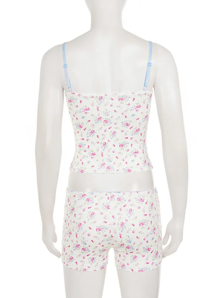 Conjunto feminino oniflyme com estampa floral, decote em v, verão, sexy, sem mangas, costas nuas, shorts, conjunto de 2 peças, casual, roupa de casa
