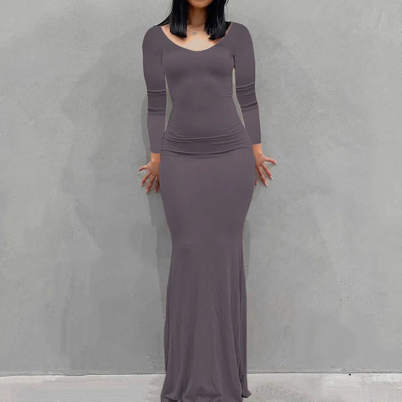 Novo vestido feminino longo, casual, justo, de manga comprida, para usar em casa