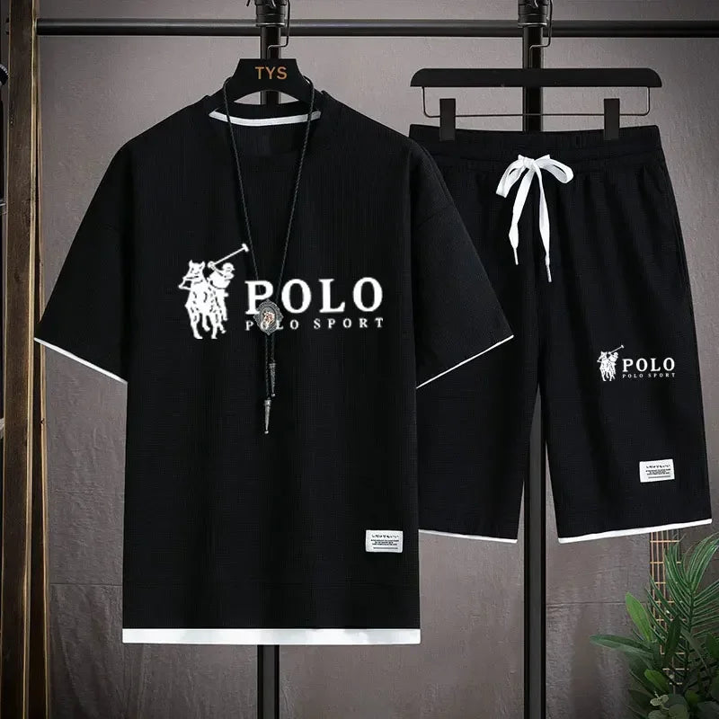 2025 camiseta masculina de manga curta + shorts esportivos de duas peças verão moda respirável fitness casual jogging conjunto.