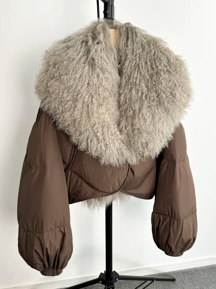 Janveny-Casaco de ovelha mongol de penas curtas para mulheres, 90% Duck Down Parkas, casaco de inverno feminino, 2024