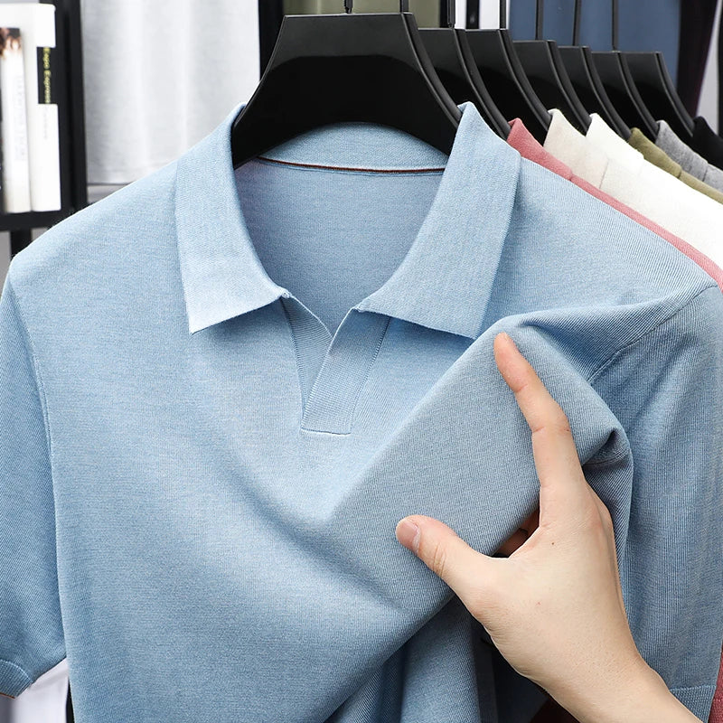 100% Lyocell malhas 2025 homens primavera verão na moda turn down collar malha camisetas manga curta respirável malha topos