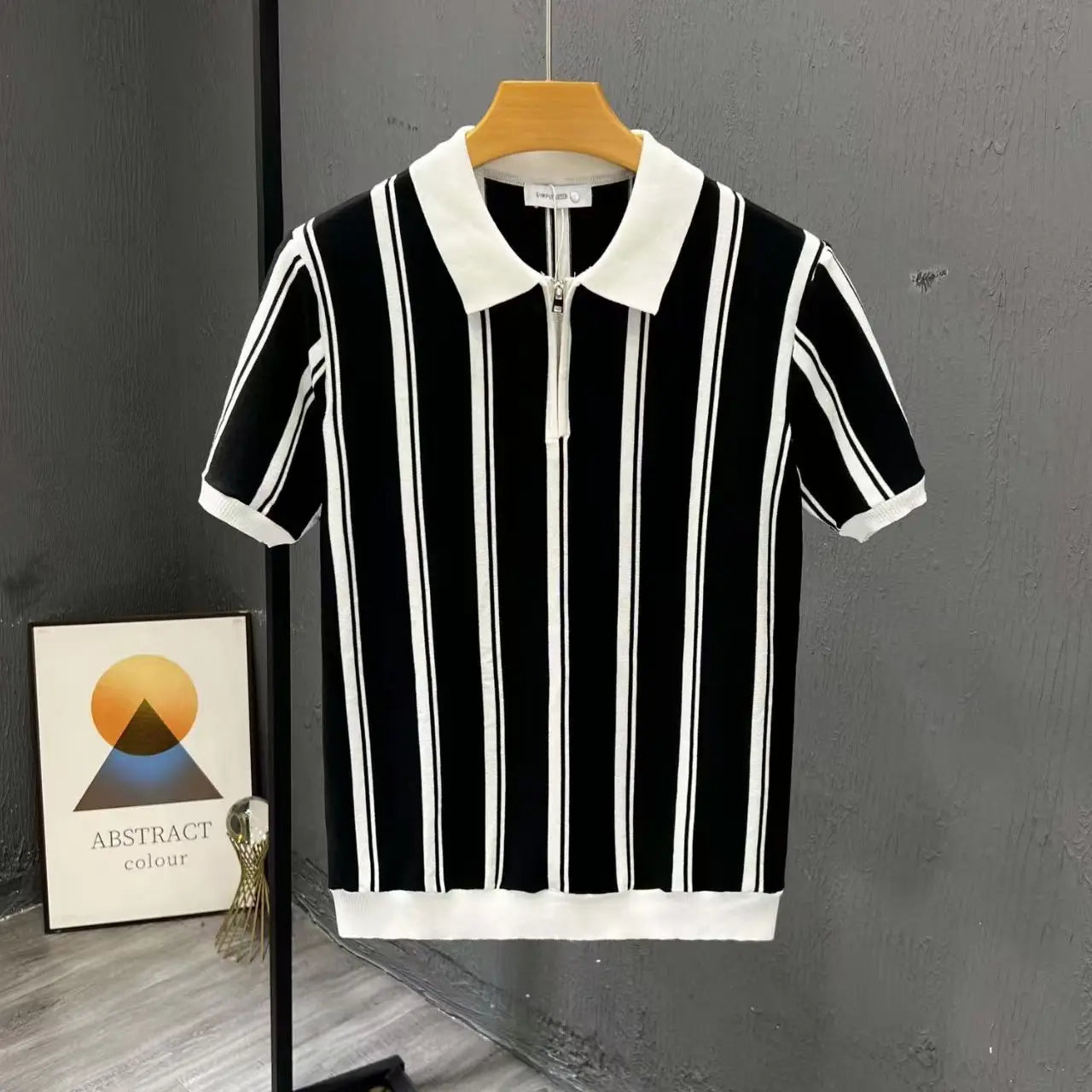 Alta qualidade verão novo masculino tricô listra manga curta camiseta masculina casual botão moda topo camisa polo