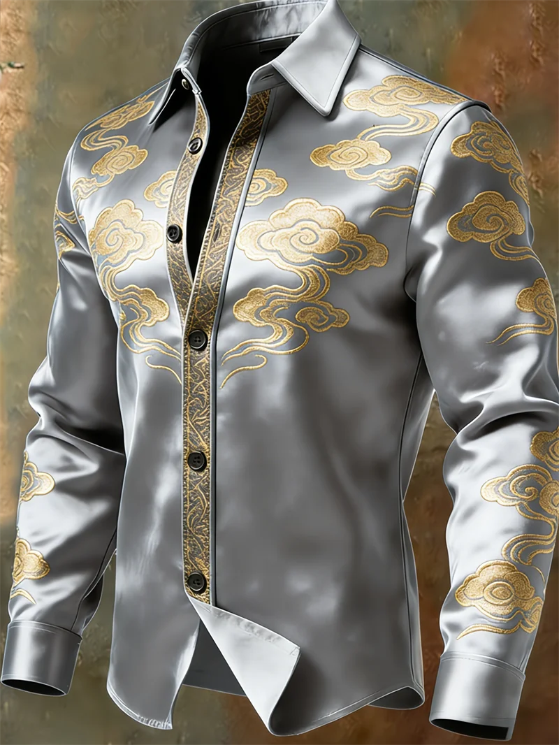Nova camisa masculina retrô com padrão multicolorido e estampa 3D de nuvens, camisa casual marrom de manga comprida para o dia a dia.