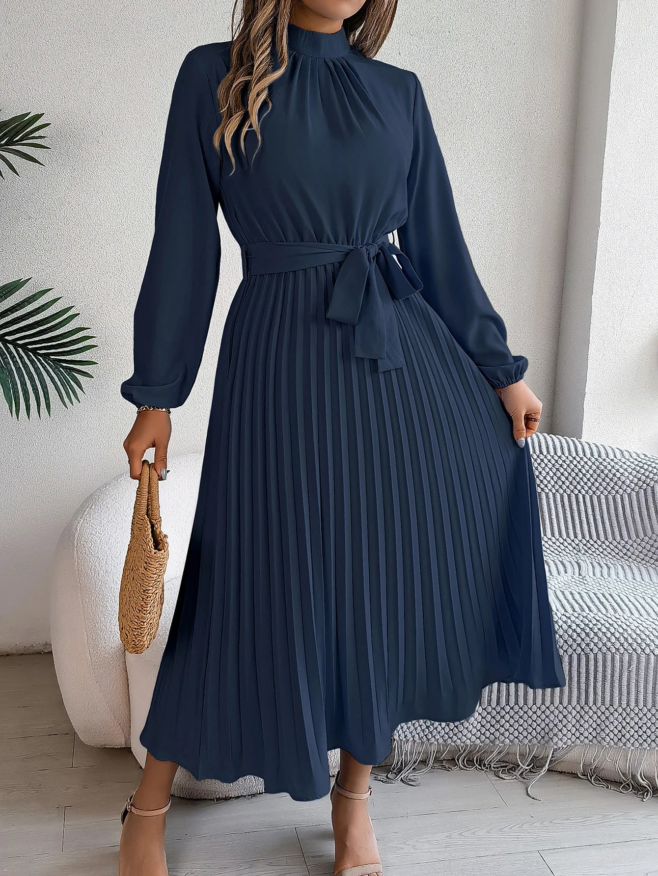 Solid Stand up Collar Bridesmaid Dress Spring Summer Casual Elegant Long Sleeve Waist Cinched Pleated Long Dresses for Women