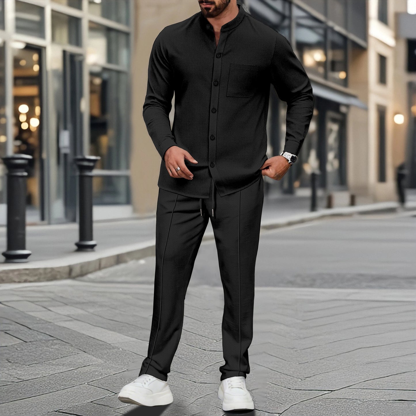 Camisa Masculina Waffle Elegante com Gola Alta e Botões e Calças 1/2 Peças Confortáveis e Respiráveis Casuais