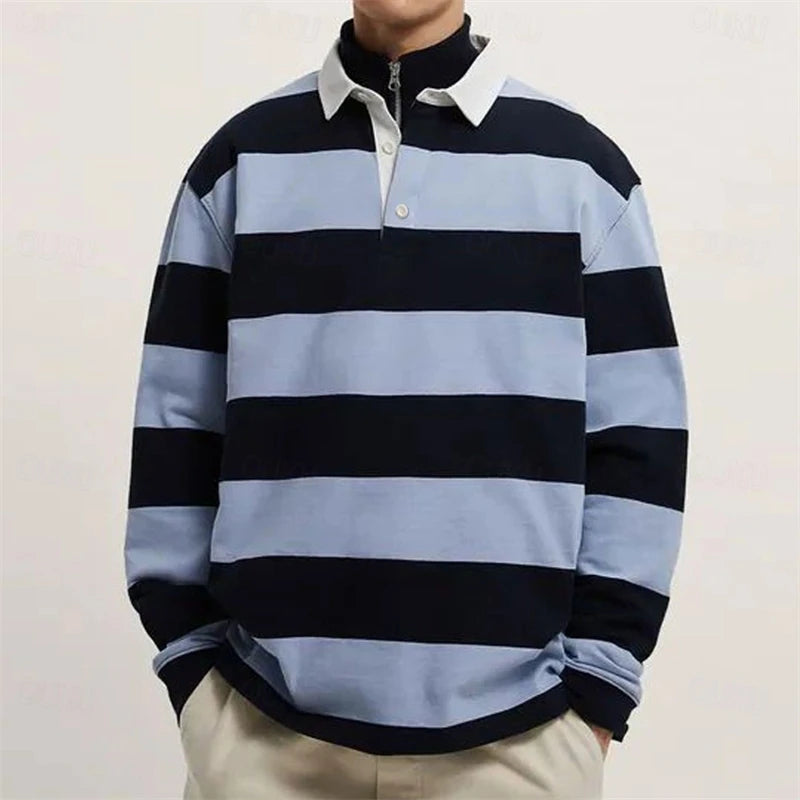Simple Fashion Striped Polo Shirts For Men Casual Autumn Long Sleeve 3D Printed Golf Polo Shirt Loose Comfortable Lapel Tops