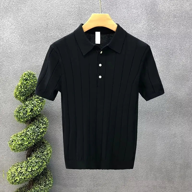 Camisa polo de malha elástica, pulôver casual, manga curta, tops de malha de botão de lapela, roupas da moda, primavera, verão, 2023