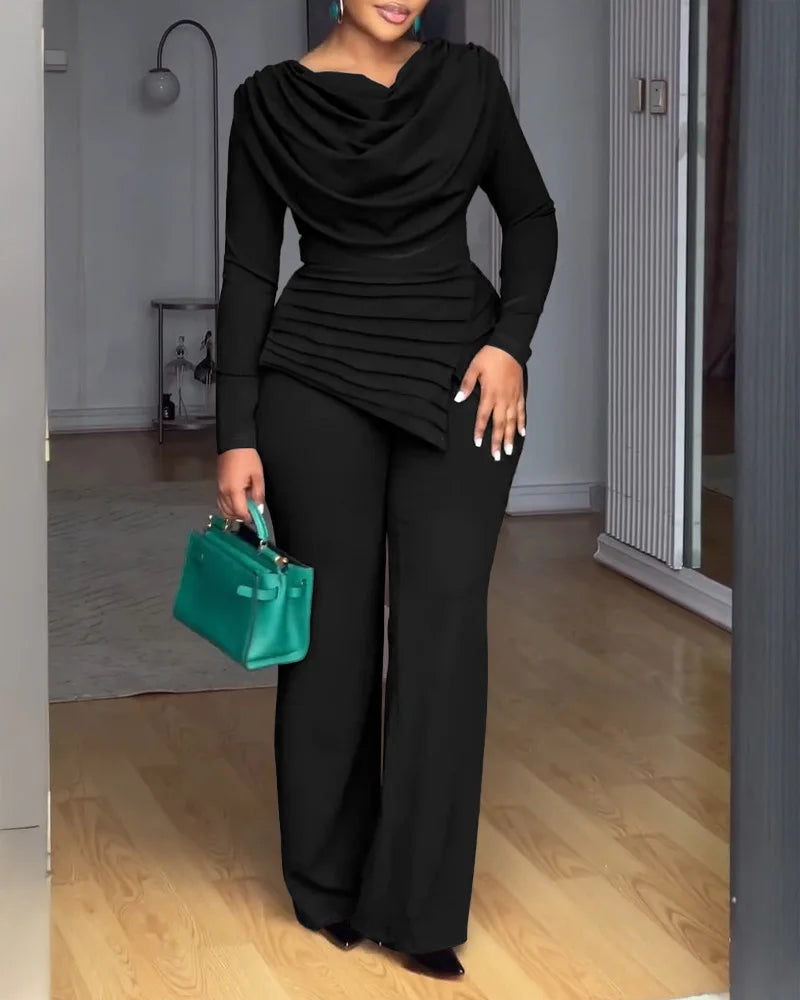 Gola de balanço ruched macacão manga longa sólido elegante senhora do escritório assimétrico bainha casual vintage ruched magro macacão outono