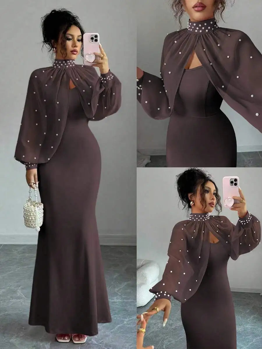 Vestido de Noite Elenzga Novo e Elegante com Charme Madura, Digno e Delicado, Rosa Sonhador, Top de Manga Longa Bordado à Mão, Sereia Graciosa