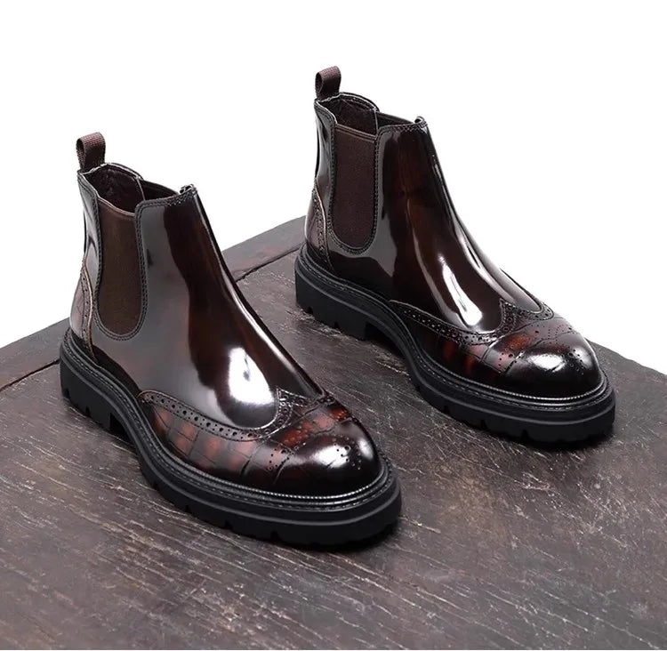 Botas Chelsea Masculinas de Couro Genuíno com Padrão de Crocodilo, Estilo Britânico, Sola Grossa, Sapatos Curtos Brilhantes para Uso Casual