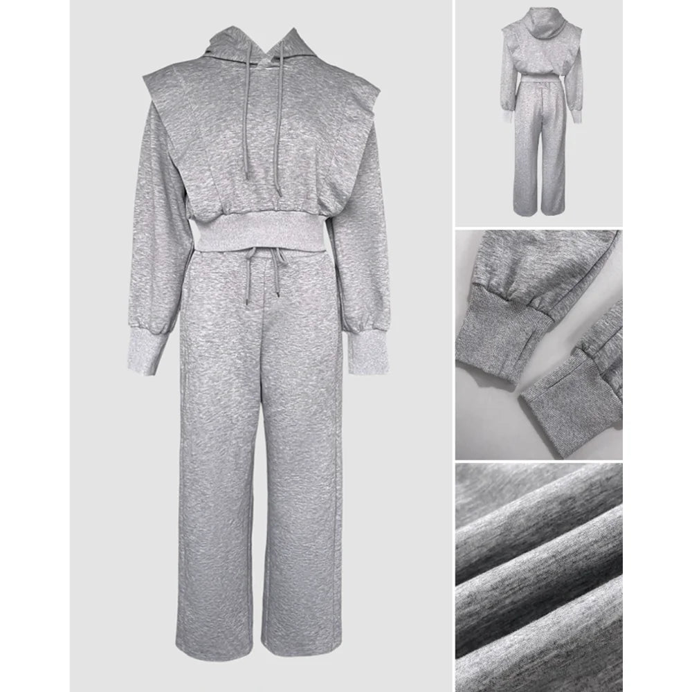 Elegante Duas Peças Conjunto de moletom de manga comprida com capuz e calça de moletom casual de pernas largas para mulheres outono inverno