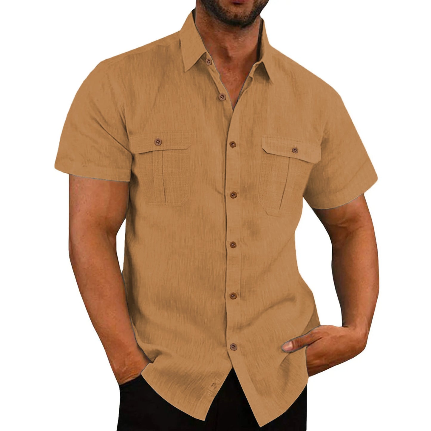 Camisa masculina de manga curta, cor sólida, moderna, com dois bolsos no peito, ideal para o verão. Cardigã casual para uso externo.