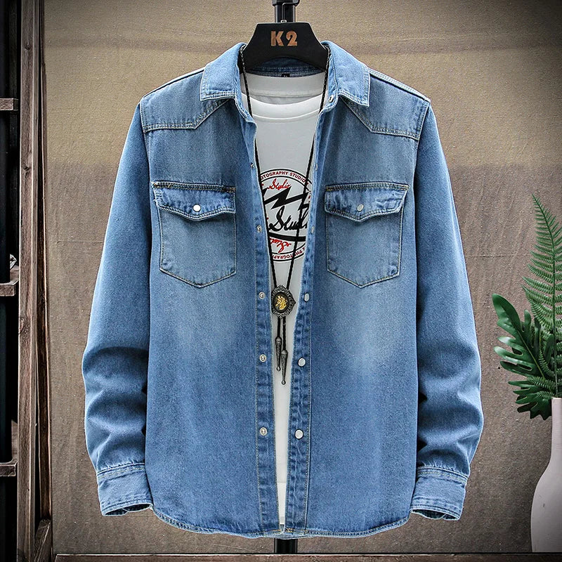 Jaqueta jeans masculina na moda primavera-outono moda puro algodão respirável casual camisa jeans de manga comprida confortável topo masculino