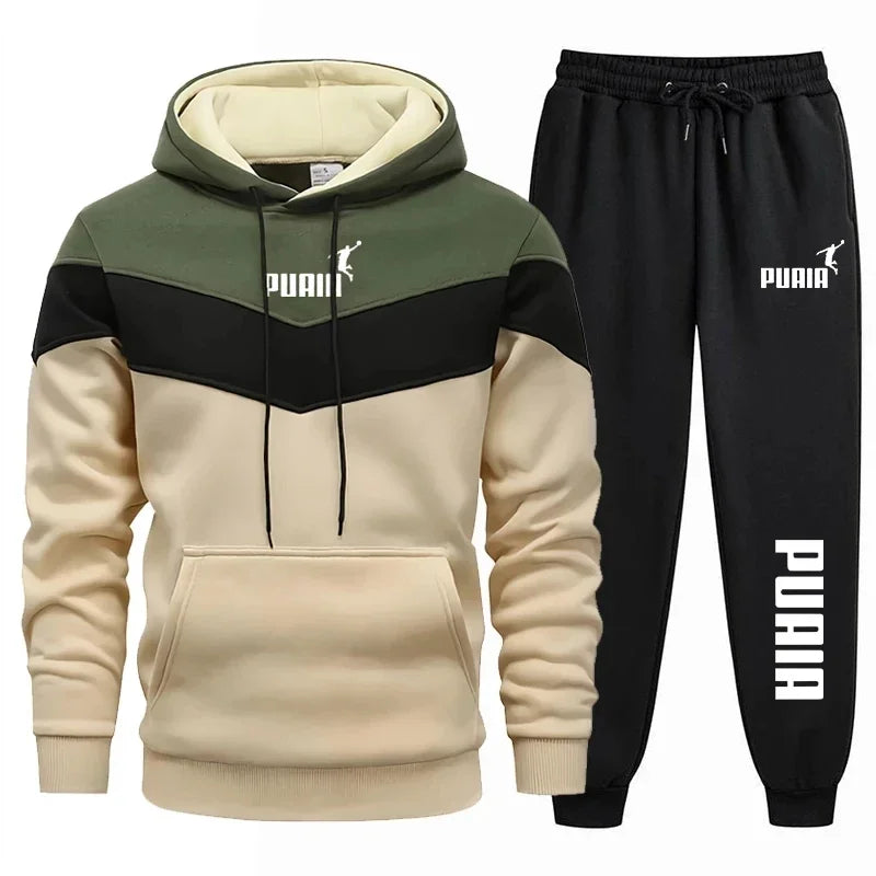 Conjunto masculino de duas peças para outono e inverno (moletom com capuz e calça), moda esportiva masculina estilo *jogging* com *patchwork* para atividades ao ar livre.