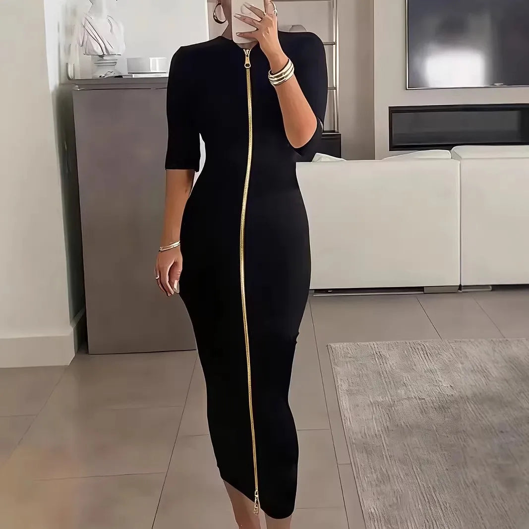 Vestido Lápis Preto Sólido com Manga Curta, Cintura Marcada, Comprimento Midi, Zíper Frontal, Gola Redonda, Ajuste Perfeito e Elegante
