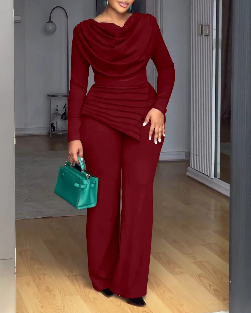 Macacão Feminino Elegante para o Dia a Dia Outono com Gola Drapeada, Manga Longa Franzida, Cor Sólida, Modelo Slim com Zíper para o Escritório