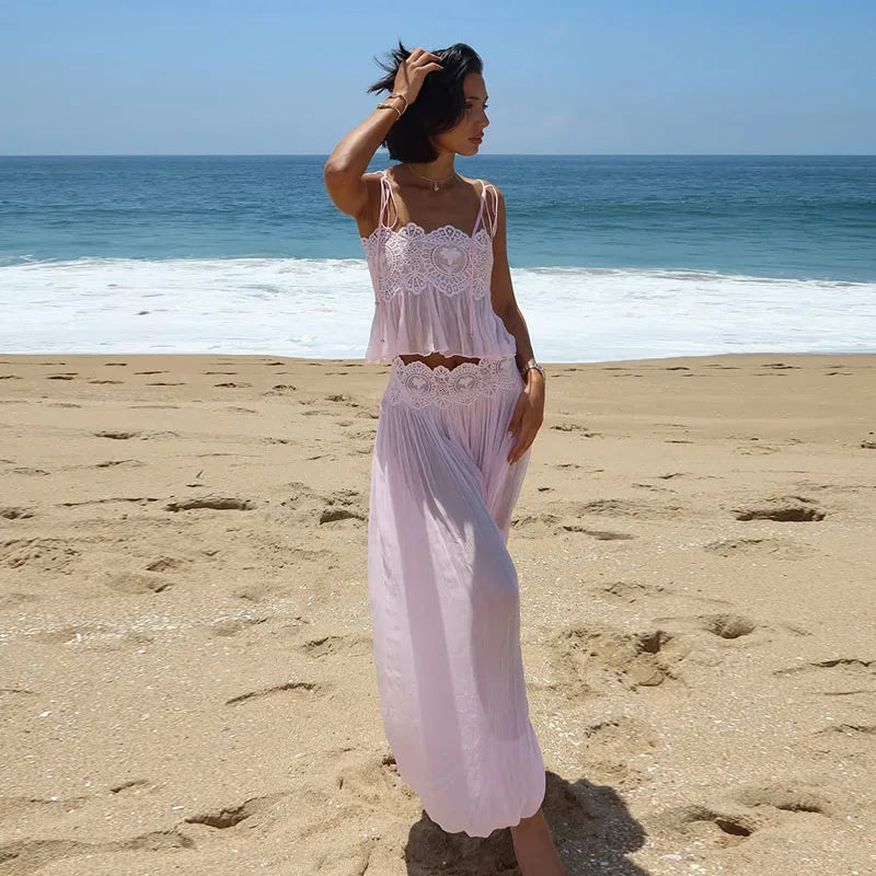 Conjunto Feminino de Calça com Top de Renda Transparente de Alças Finas e Costas Abertas, Corte Solto e Reto, Bainha Elástica, Estilo Praia Chique