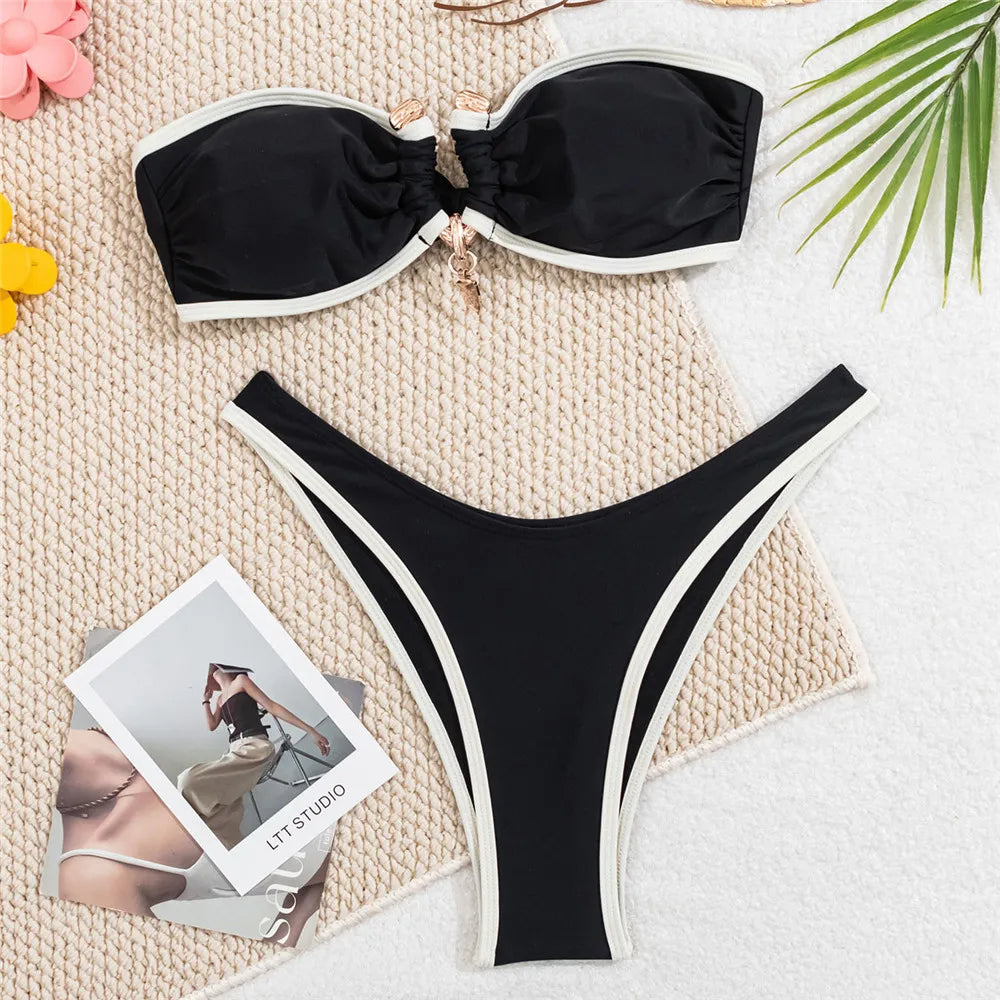 Conjunto de biquíni tomara que caia branco feminino, maiô sexy com fivela metálica em contraste, biquíni brasileiro cavado.