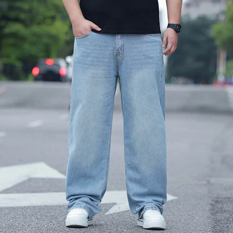 FENROOST Calça Jeans Masculina Plus Size de Cintura Alta Reta Solta Versátil para Todas as Estações Nova