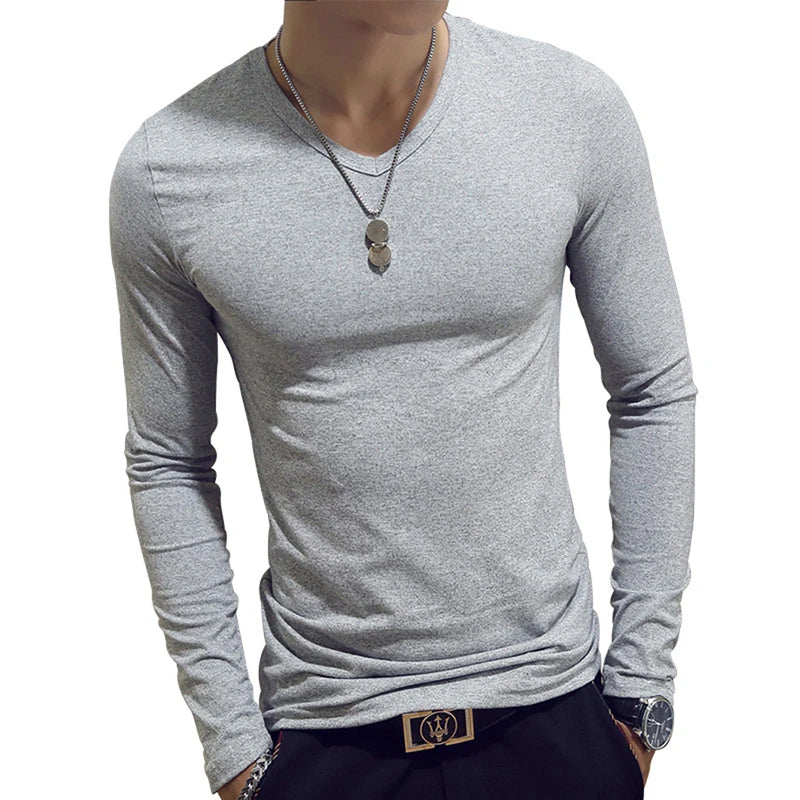 Camiseta masculina de manga comprida com estampa "Cultive a Moralidade" para a Primavera e o Outono, gola redonda, em poliéster liso, nas cores vermelho, azul e preto.