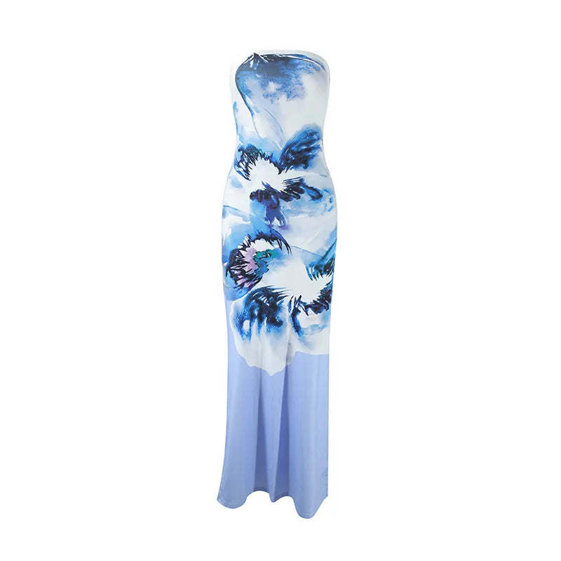Vestido longo feminino elegante e justo, sem alças, com estampa, perfeito para férias na praia. Ideal para o verão
