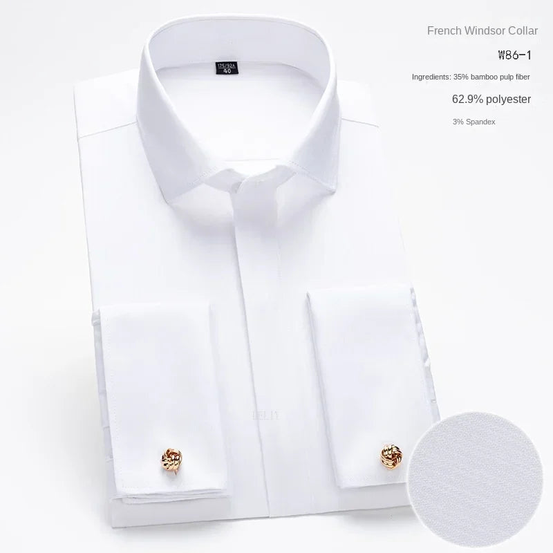 2024 nicho chique manga dupla dobrada gola windsor negócios camisa de manga comprida vestido masculino de alta qualidade aleatório abotoaduras francesas