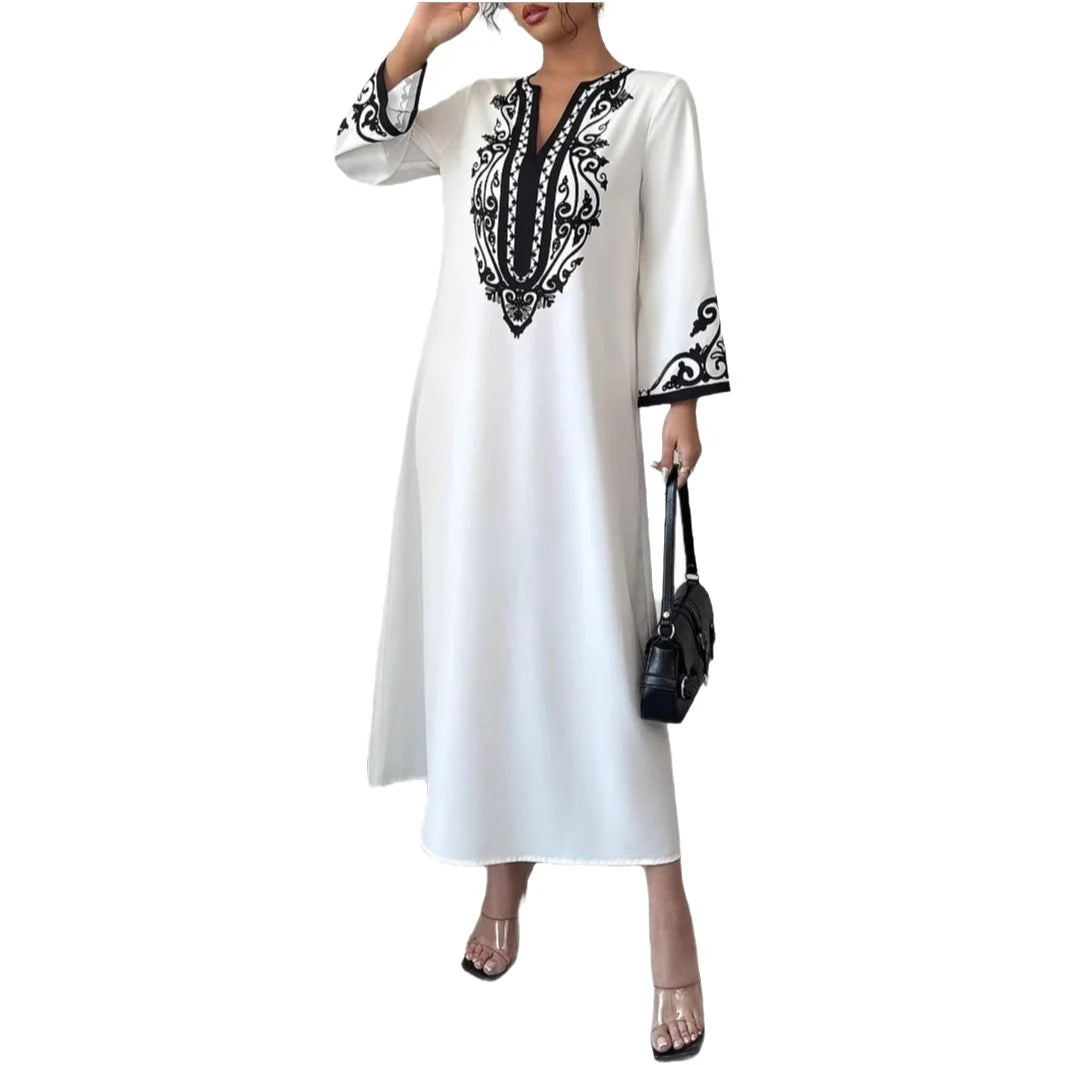 Vestido Elegante Preto de Manga Longa com Decote em V e Franjas Bordadas, Moda Feminina Primavera 2025, Estilo de Rua, Vestido A-Line em Poliéster