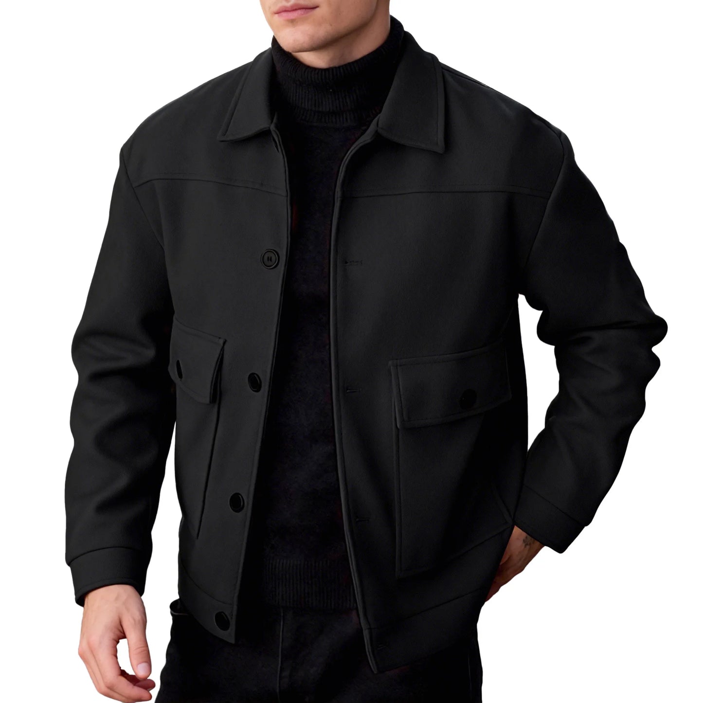 Fornecimento especial transfronteiriço para homens cor sólida lapela bolso jaqueta de lã single-breasted ferramentas vento atacado z8067