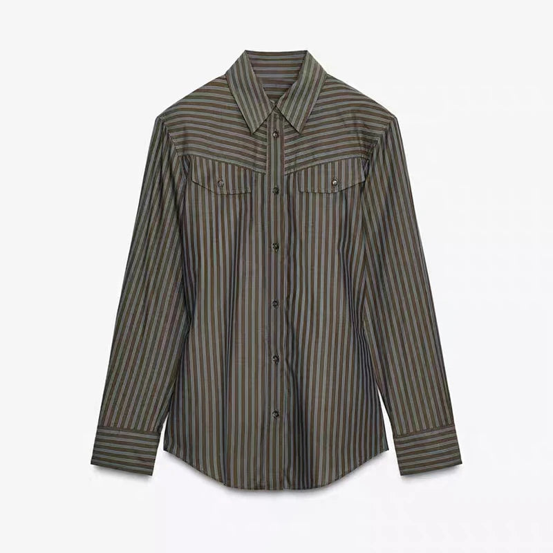 Casual Striped Lace Up Pants Set Women Shoulder Pad Long Sleeve Shirt Straight Trousers 2025 Autumn Chic Lady 2 Piece Suit New