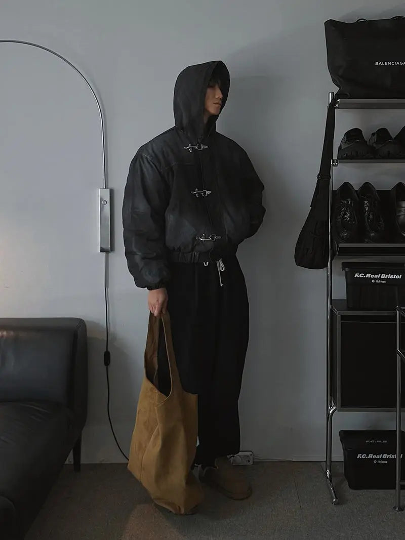Jaqueta Masculina Americana com Botões de Pressão, Estilo High Street Oversized, Moletom com Capuz Y2K Retrô Harajuku Punk, Roupa Masculina