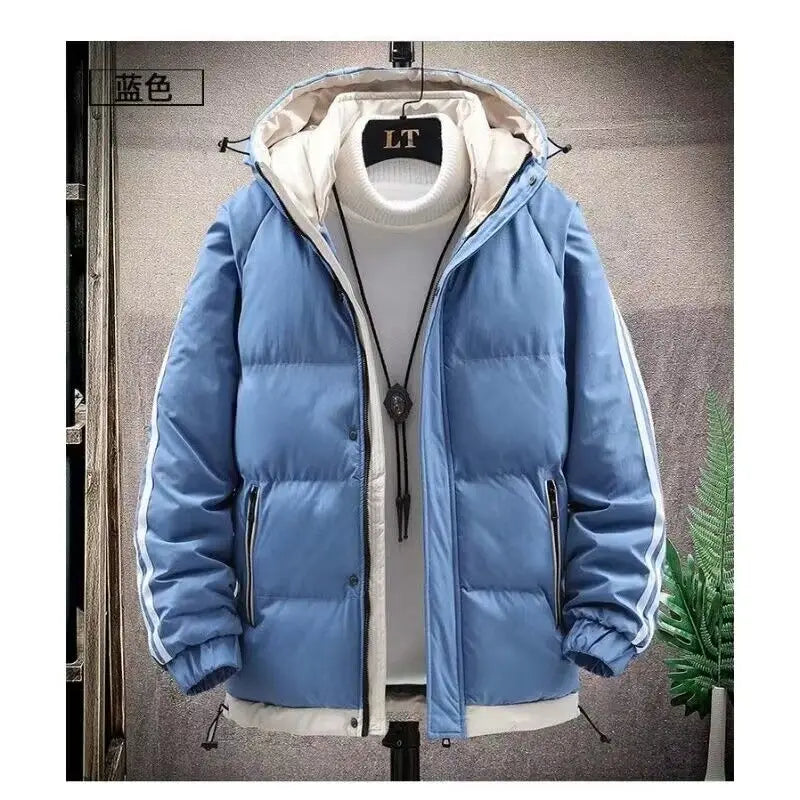 Jaqueta masculina listra moda cor combinando quente grosso high street com capuz zíper algodão-acolchoado casaco oversize cordão parka casaco