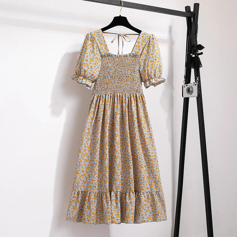 Verão plissado mulheres vestidos de chiffon casual praia férias manga curta gola quadrada mulher midi vestido boêmio mujer vestidos