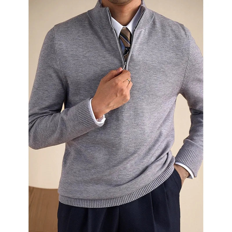 Camiseta Masculina Slim Fit de Manga Longa em Tricô com Gola Alta Estilo Casual para Outono e Inverno em Cor Sólida e Anti-Bolinhas