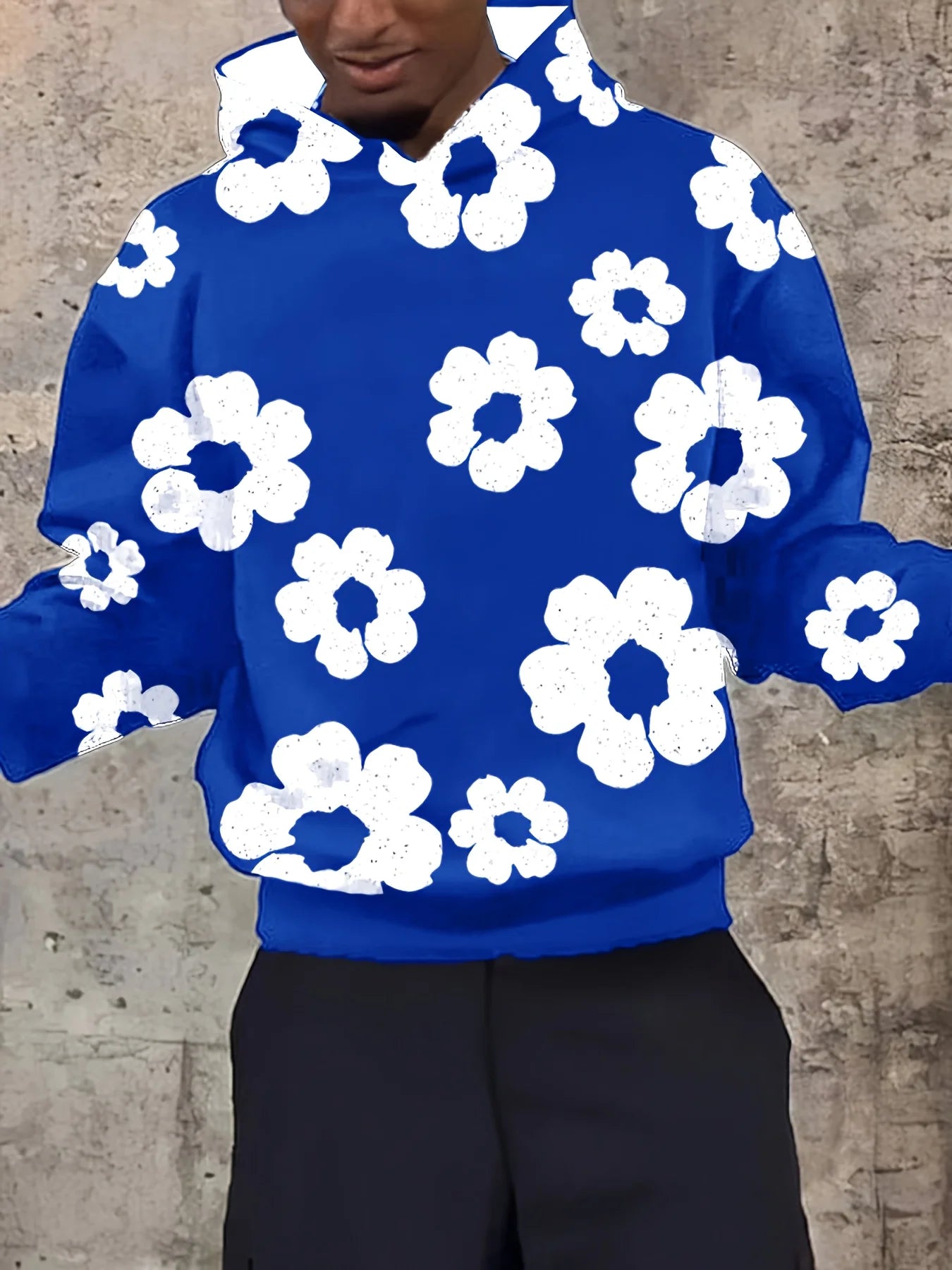 Men'S Casual Black Hoodie with White Floral Print Trendy Long Sleeve Pullover Regular Fit Slight Stretch Fabric Y2K Streetwear