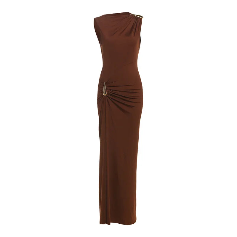 Vestido feminino de metal clássico estranho, vestido elegante, gola redonda, sem mangas, irregular, simples, tendência de verão