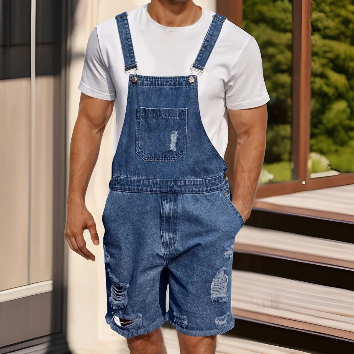 Verão masculino vintage jeans macacão elástico denim macacão com bolsos masculino casual botão suspensórios calças curtas