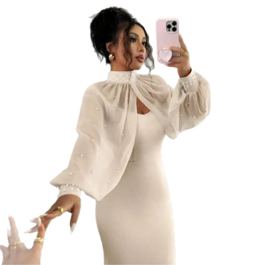 Novo Conjunto de Duas Peças : Vestido Chiffon com Detalhes em Miçangas e Xale de Ombro, Estilo Elegante para o Dia a Dia, Manga Longa e Cintura Marcada – Perfeito para Comércio Transfronteiriço e TikTok