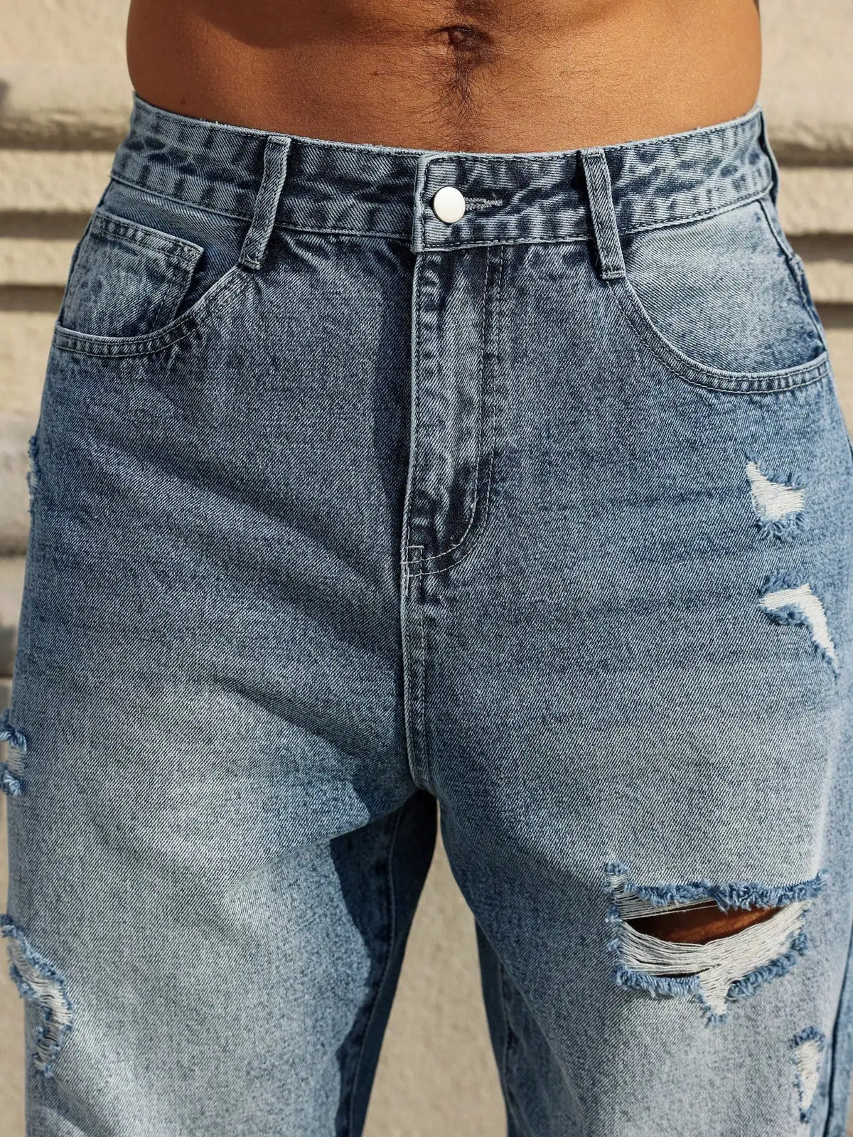 Jeans rasgados azuis masculinos, calças de mendigo retrô desgastadas, calças harém soltas de tendência de rua