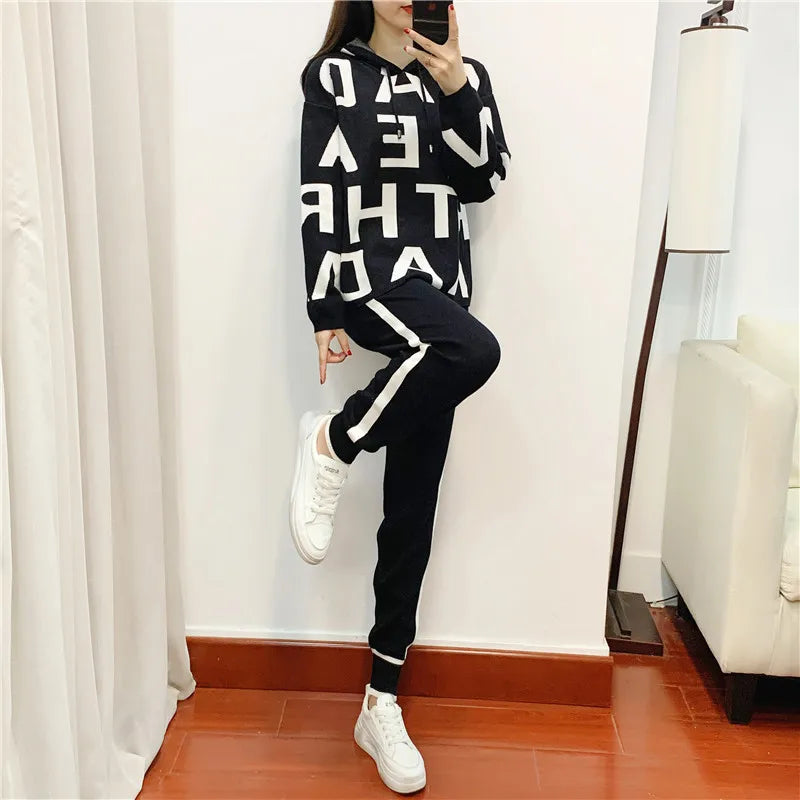 Feminino casual impresso terno de manga comprida gola alta cintura cinched moletom elástico calças senhoras conjunto de duas peças lx1228