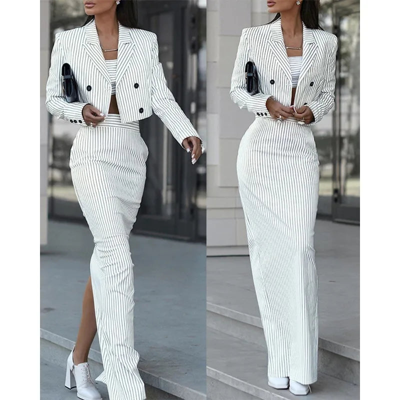 Primavera verão 2024 novo listrado fino ajuste terno moda feminina duplo breasted turn-down colarinho blazer cintura alta fenda saia terno