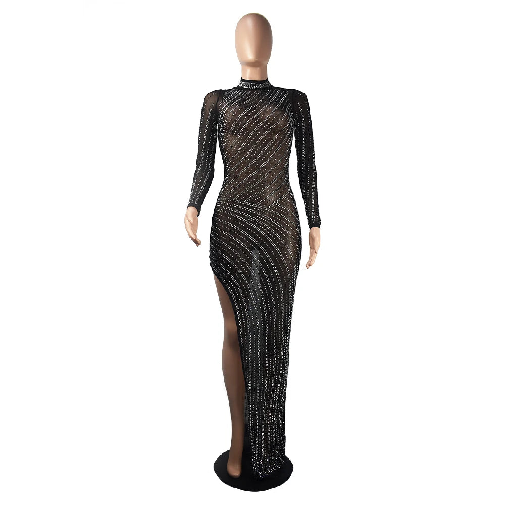 Vestido feminino elegante de manga comprida com saia longa irregular cravejada de diamantes, vestido de festa dividido com gola alta
