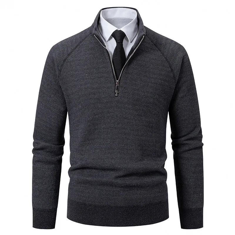 Suéter Masculino de Tricô com Meio Zíper, Gola Alta, Bordado, Casual, Moderno, Inverno, Grosso, Fibra de Poliéster, Manga Longa