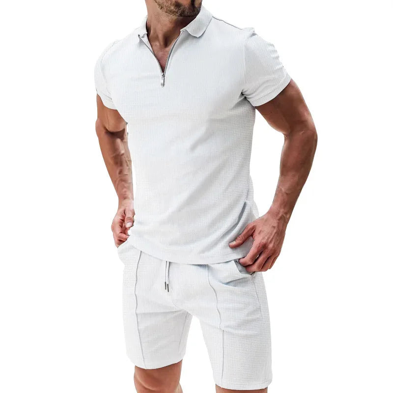 Verão masculino esportes polo terno de manga curta elegante zíper camisa polo e shorts conjunto masculino casual streetwear 2 peças lazer esportes conjunto
