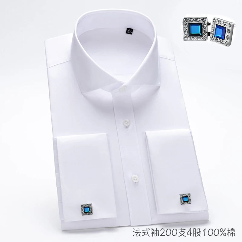 Nova Camisa Masculina de Algodão Puro 200S DP de Alta Qualidade, Não Amassa, Quatro Camadas, com Punho Francês, Gola Windsor e Gola Listrada Contrastante