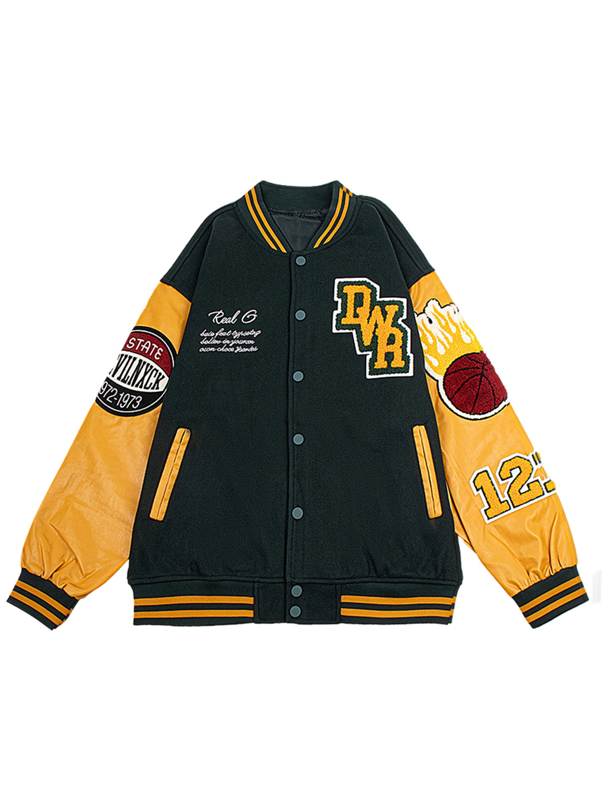 Jaqueta Vintage Masculina Estilo Varsity Racing Letterman Casaco de Beisebol Streetwear com Mangas de Couro Sintético